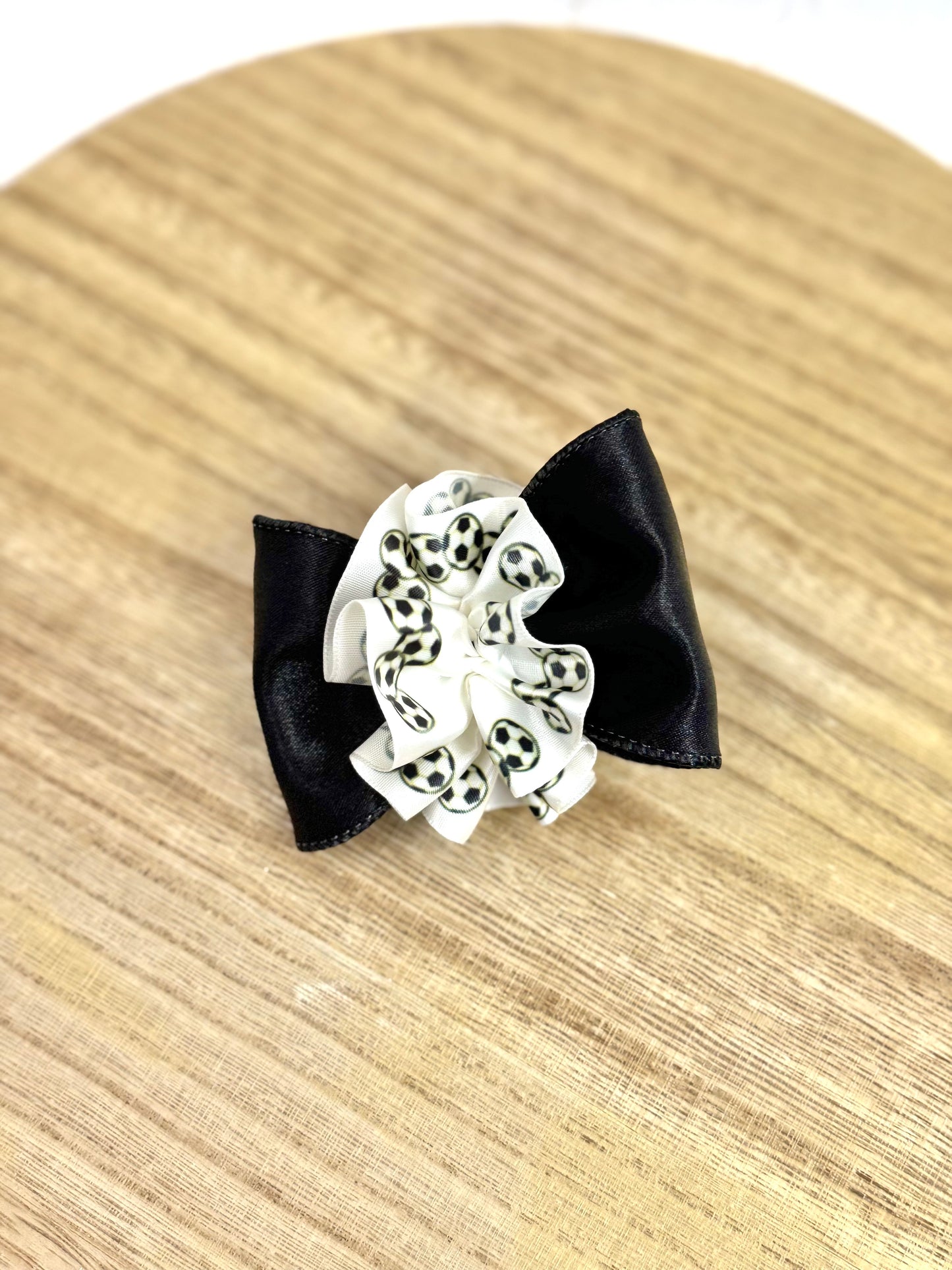 3.5” Black Bow with Soccer Ruffle Ball